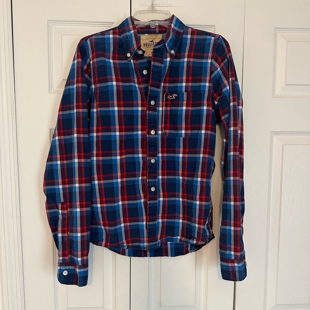 Hollister Men's Casual Blue and Red Checkered Shirt